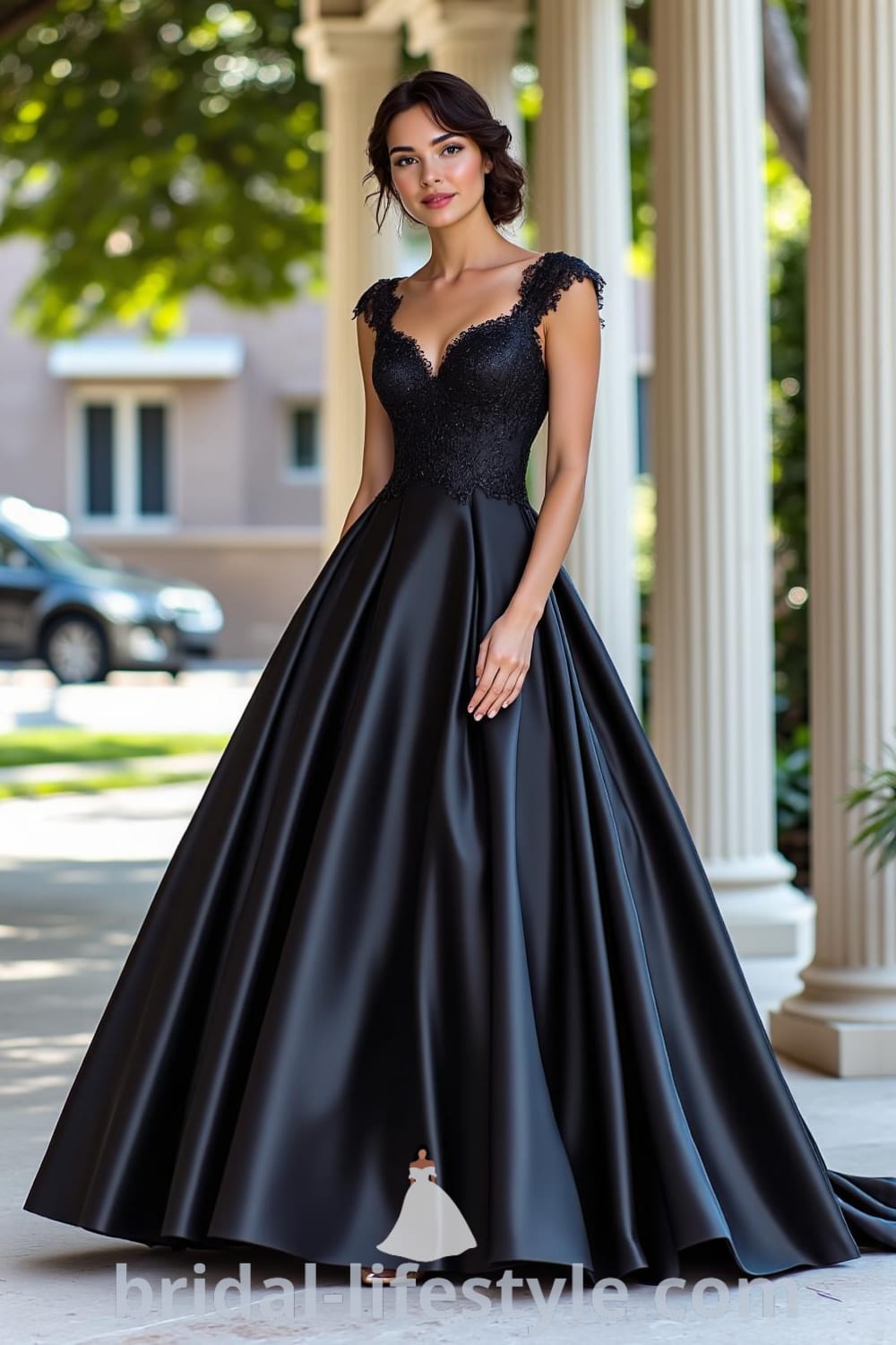 Elegant black wedding dress featuring a fitted lace bodice, voluminous satin skirt, delicate cap sleeves, and an illusion back. bridal-lifestyle.com
