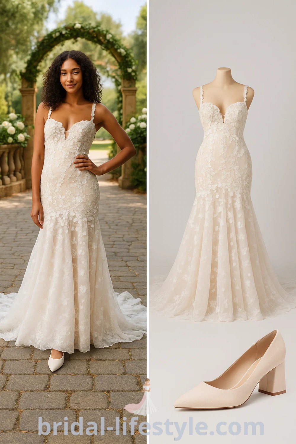 Fitted, strapless mermaid tail wedding dress in light ivory with floral lace details, paired with beige pointed-toe heels, ideal for weddings, formal events, and bridesmaids; discover more at pinshoesoutfits.com.