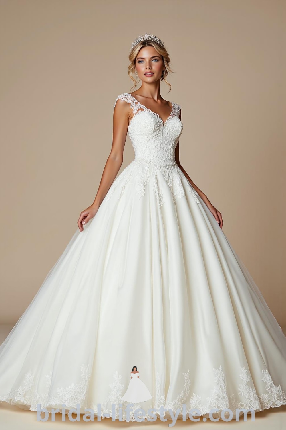 A beautiful princess ballgown with lace appliqués, a voluminous satin skirt, a sweetheart neckline, delicate cap sleeves, and a covered button back, showcasing timeless elegance. bridal-lifestyle.com