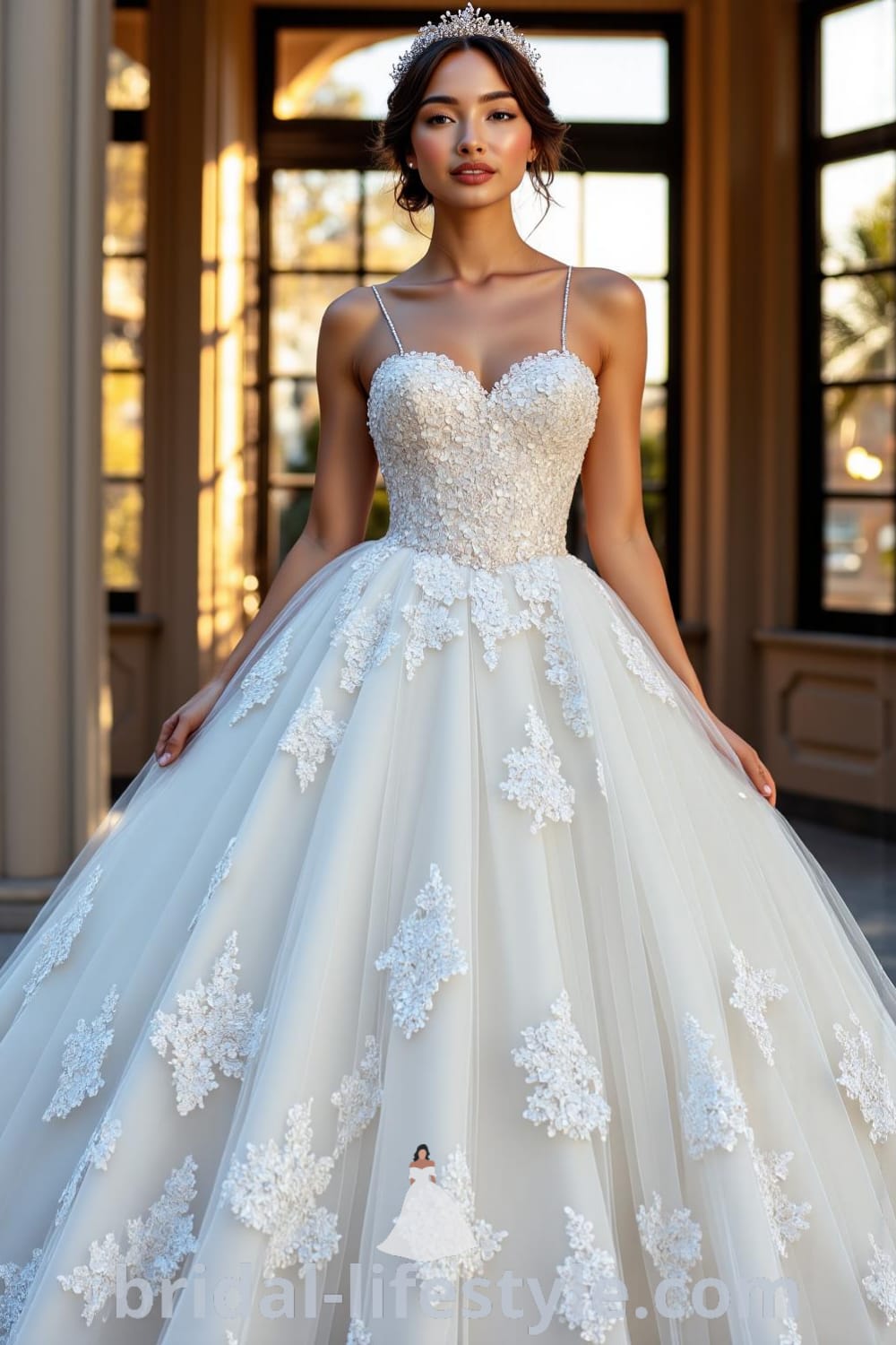 A stunning Princess Glitter wedding dress featuring layers of sparkling tulle, a fitted bodice with lace appliqués, and delicate straps, creating a magical and elegant silhouette. bridal-lifestyle.com