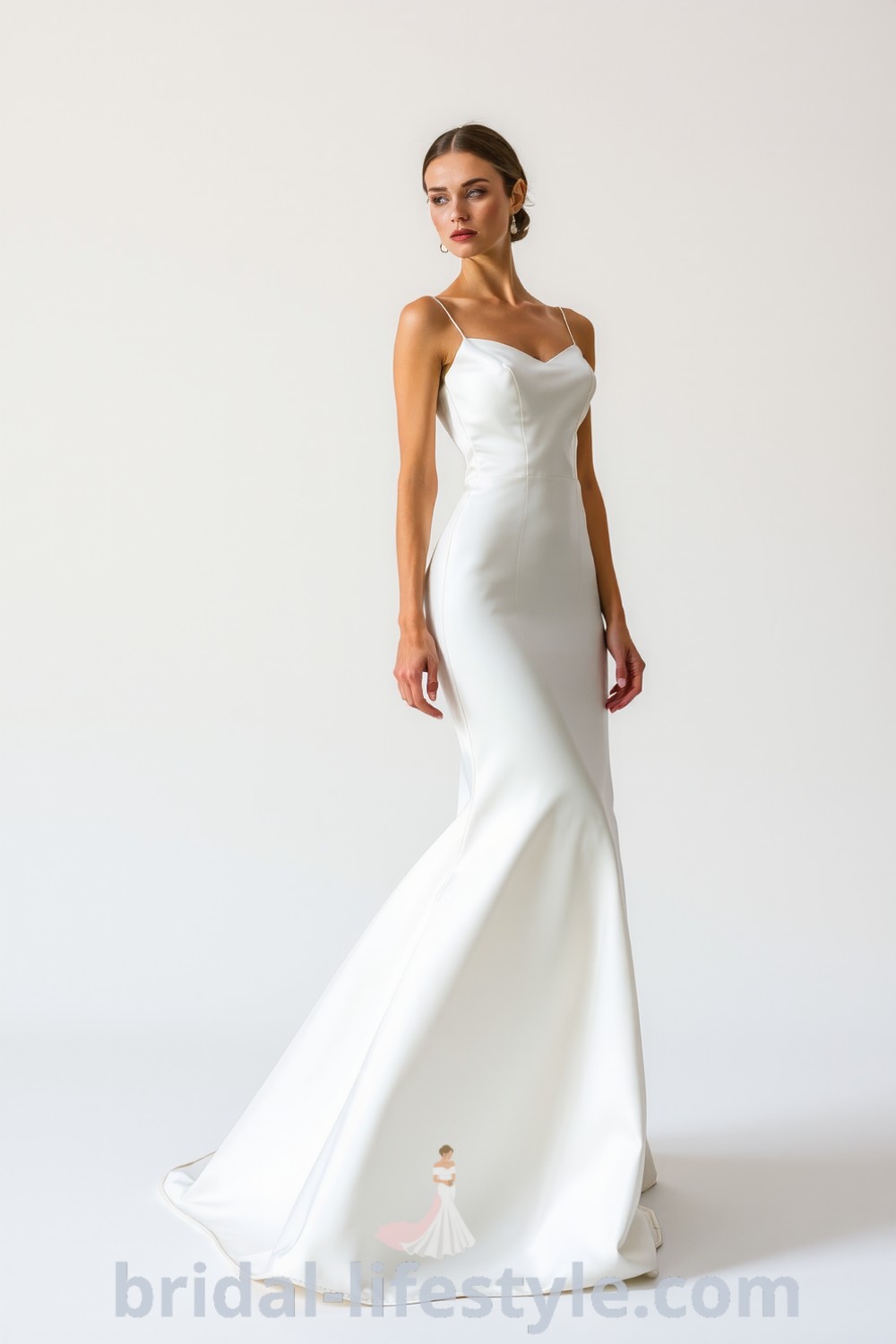 Elegant mermaid wedding dress in satin with a flattering silhouette and subtle neckline detailing, ideal for dreamy brides seeking inspiration for their special day. bridal-lifestyle.com