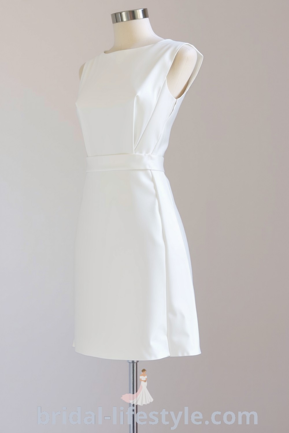 Chic minimalist mini wedding dress in sleek satin with structured bodice, playful hemline, and elegant boat neckline. bridal-lifestyle.com