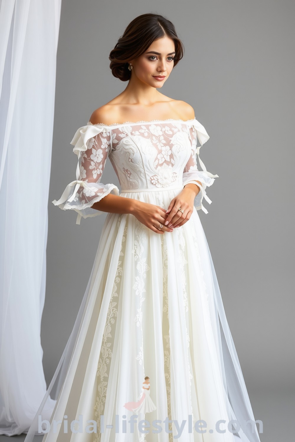 Elegant boho wedding dress with soft lace, off-the-shoulder design, billowy sleeves, and flowing skirt adorned with floral embroidery for a romantic look. bridal-lifestyle.com
