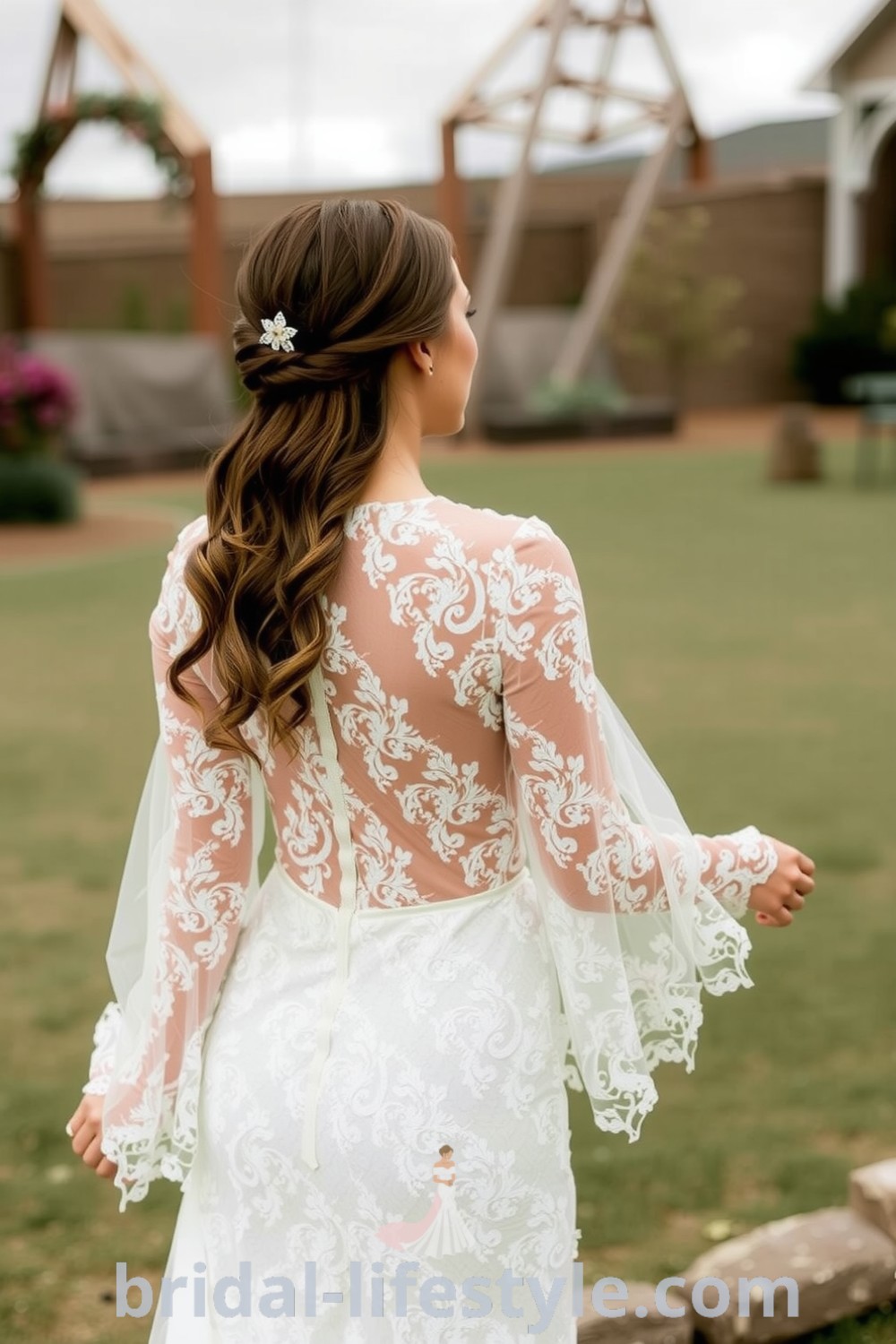 A stunning boho long sleeve lace wedding dress with intricate lace overlays, delicate buttons down the back, and flowing sleeves, perfect for outdoor celebrations. bridal-lifestyle.com