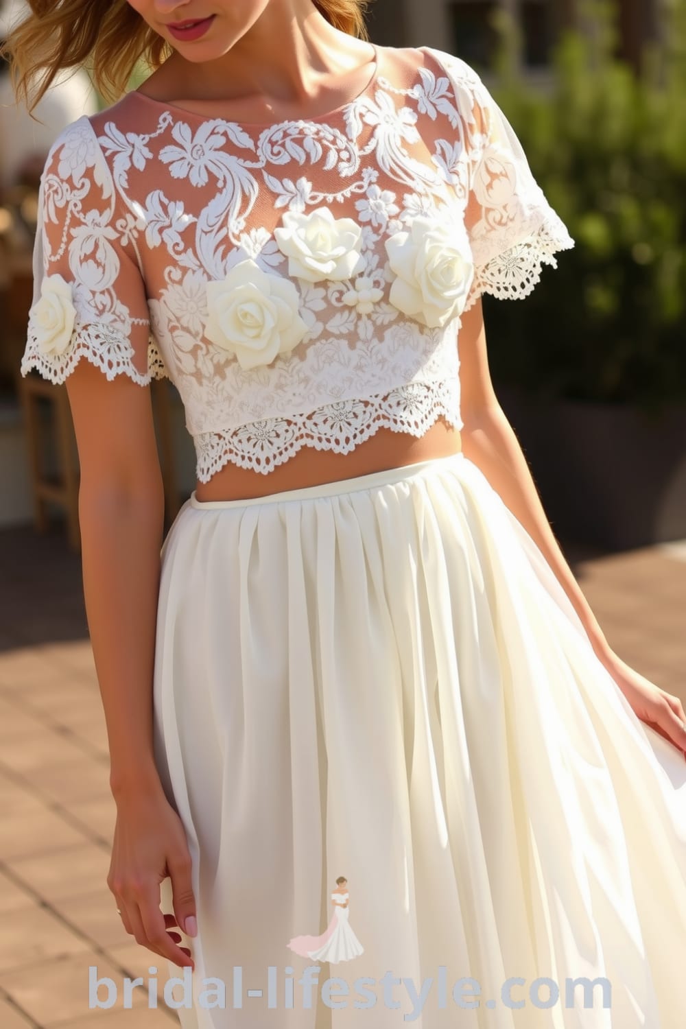Two-piece boho wedding dress with intricate floral appliqués on the crop top and a flowing chiffon skirt, perfect for outdoor ceremonies. bridal-lifestyle.com