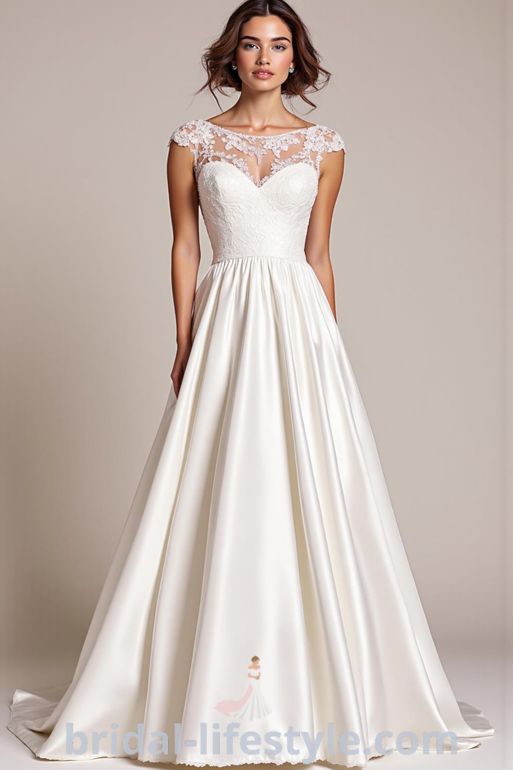 A-line wedding dress with boat neck design, soft satin fabric, flowing skirt, delicate lace appliqués on bodice and cap sleeves. bridal-lifestyle.com