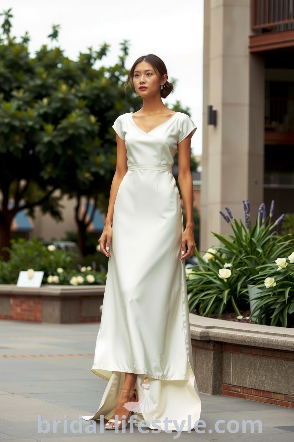Minimalist wedding dress made of silk satin with an A-line silhouette and cap sleeves, ideal for urban celebrations. bridal-lifestyle.com