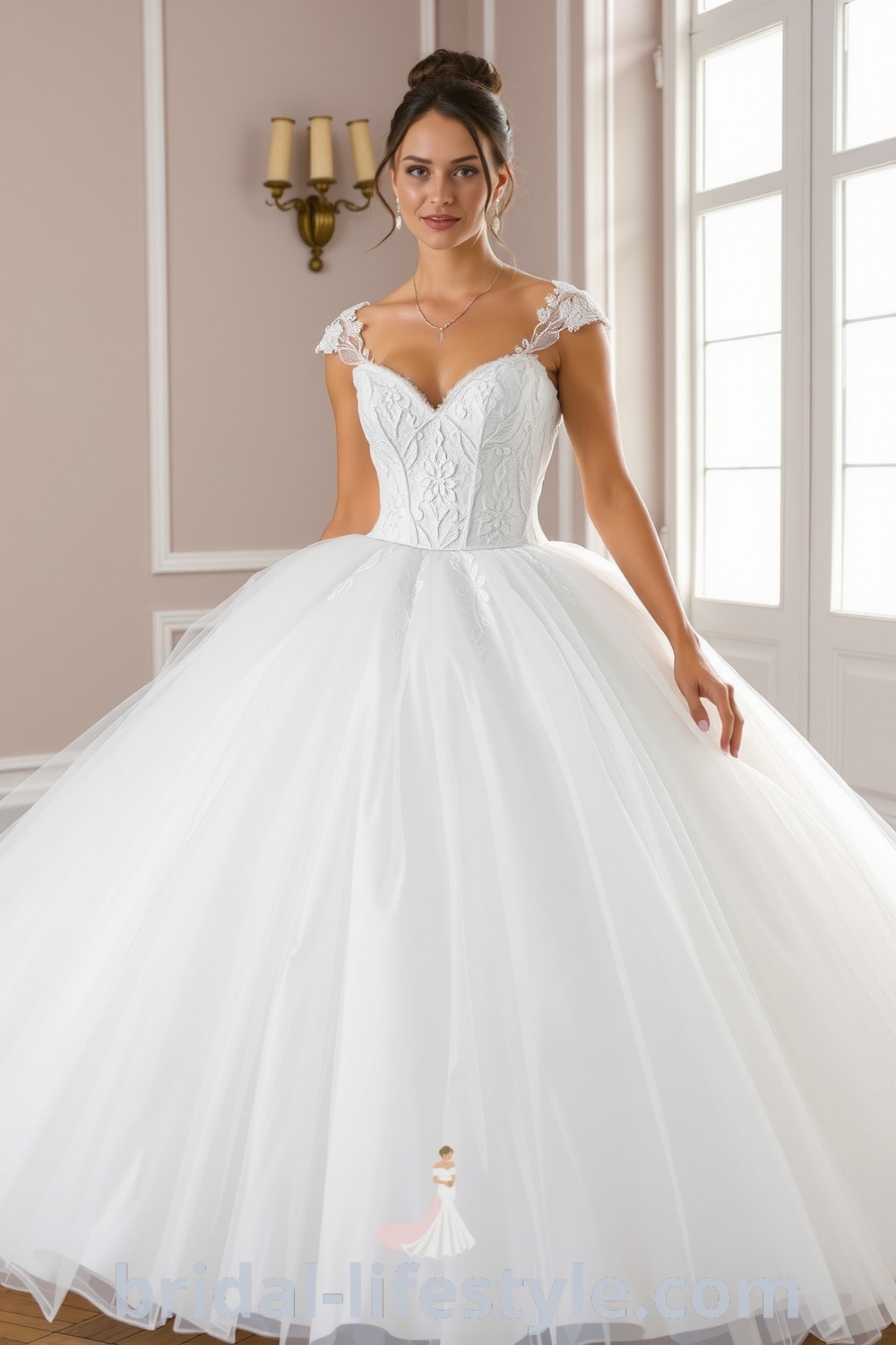 Princess ballgown with cascading tulle layers, intricate lace appliqués, and voluminous skirt. Ideal for timeless romantic brides, offering elegant aesthetic ideas for the special day. bridal-lifestyle.com