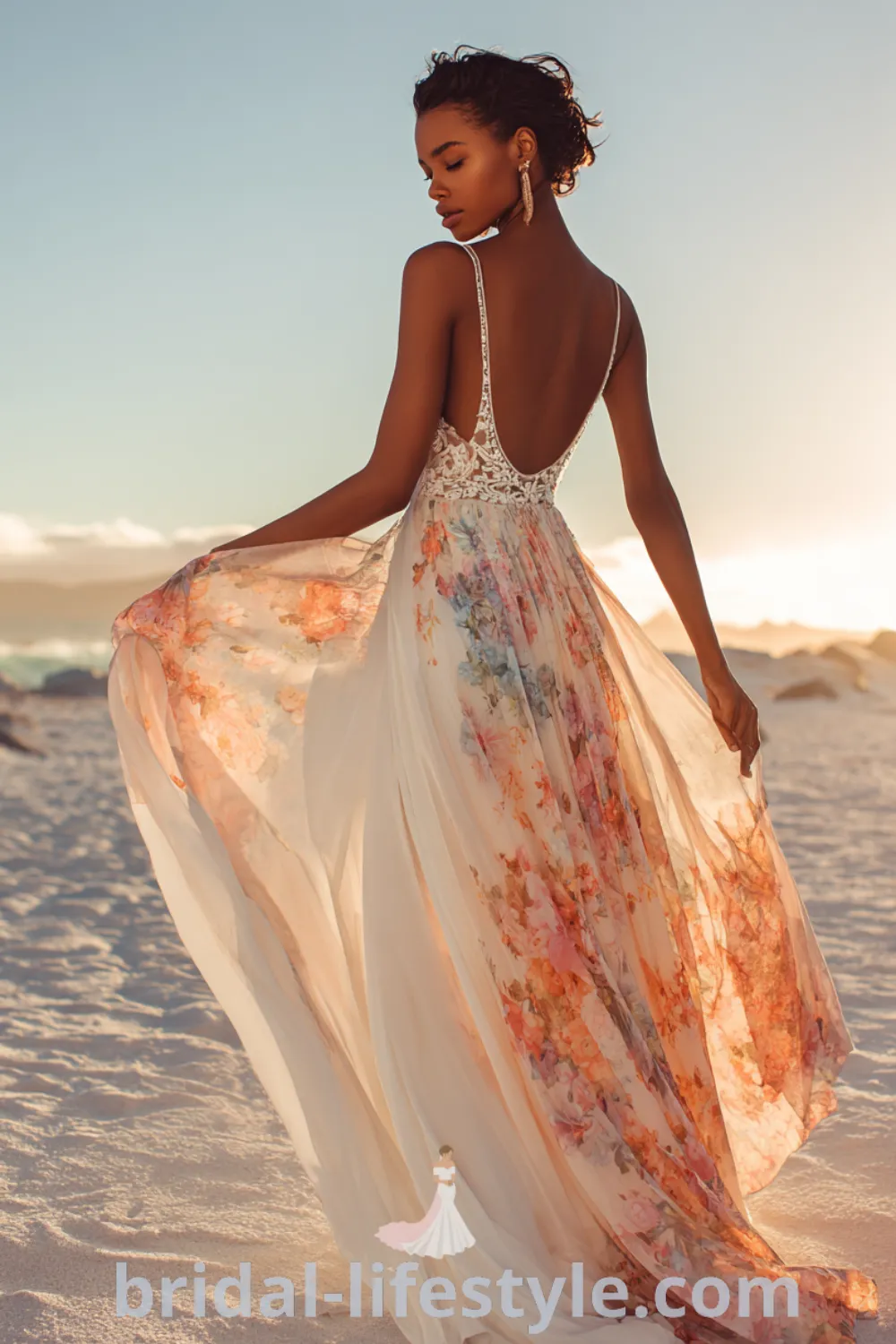 Bohemian beach bridal gown with flowy chiffon skirt, relaxed beach bridal look, delicate lace details, dreamy beach settings.