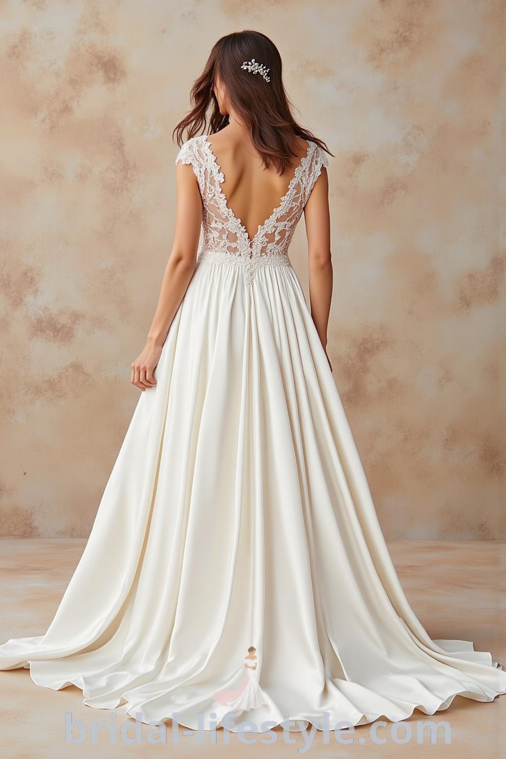 A-line wedding dress with delicate lace bodice, flowing satin skirt, V-neckline, and intricate waist embroidery. bridal-lifestyle.com