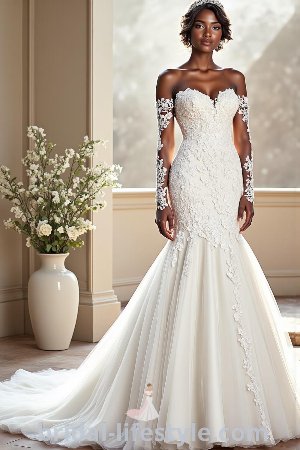 Mermaid wedding dress with intricate lace detailing, strapless sweetheart neckline, lightweight tulle layers, and detachable lace sleeves. bridal-lifestyle.com