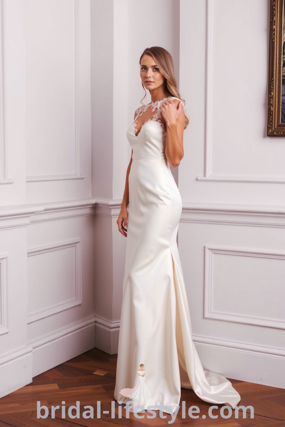 Fit and flare wedding dress made of rich satin, featuring a fitted bodice, dramatic flare at the knee, daring slit, and delicate lace appliqués. bridal-lifestyle.com