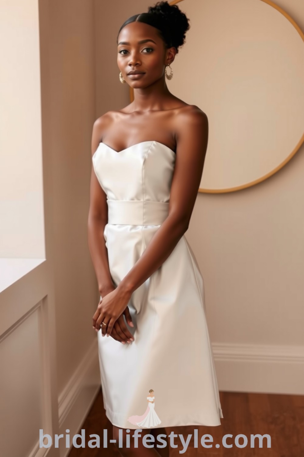 Chic minimalist mini wedding dress on a Black bride, featuring a structured satin bodice and a gently flared above-the-knee skirt. bridal-lifestyle.com
