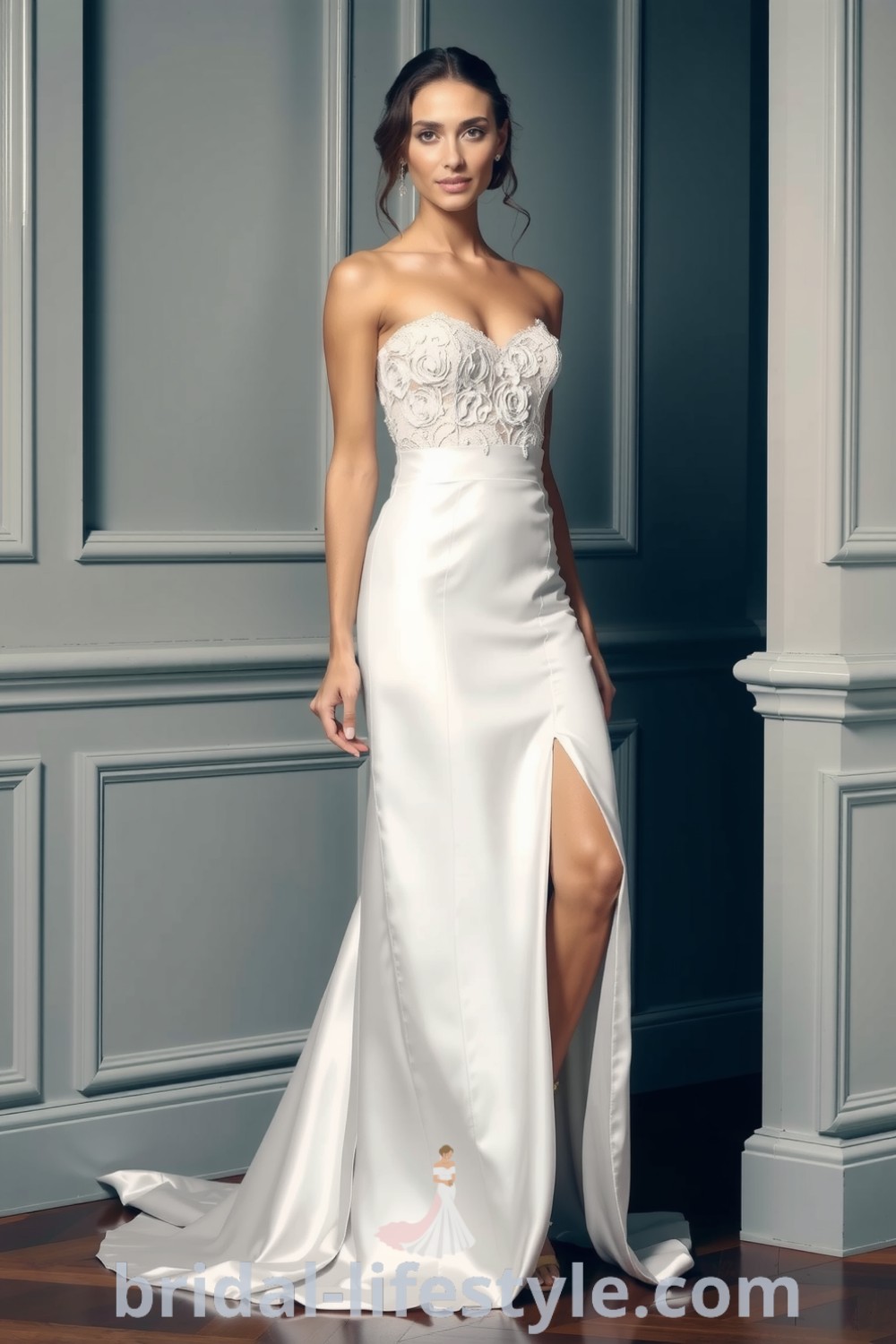 Stunning fit and flare wedding dress in luxurious satin with a thigh-high slit and intricate lace appliqués, beautifully accentuating the bride