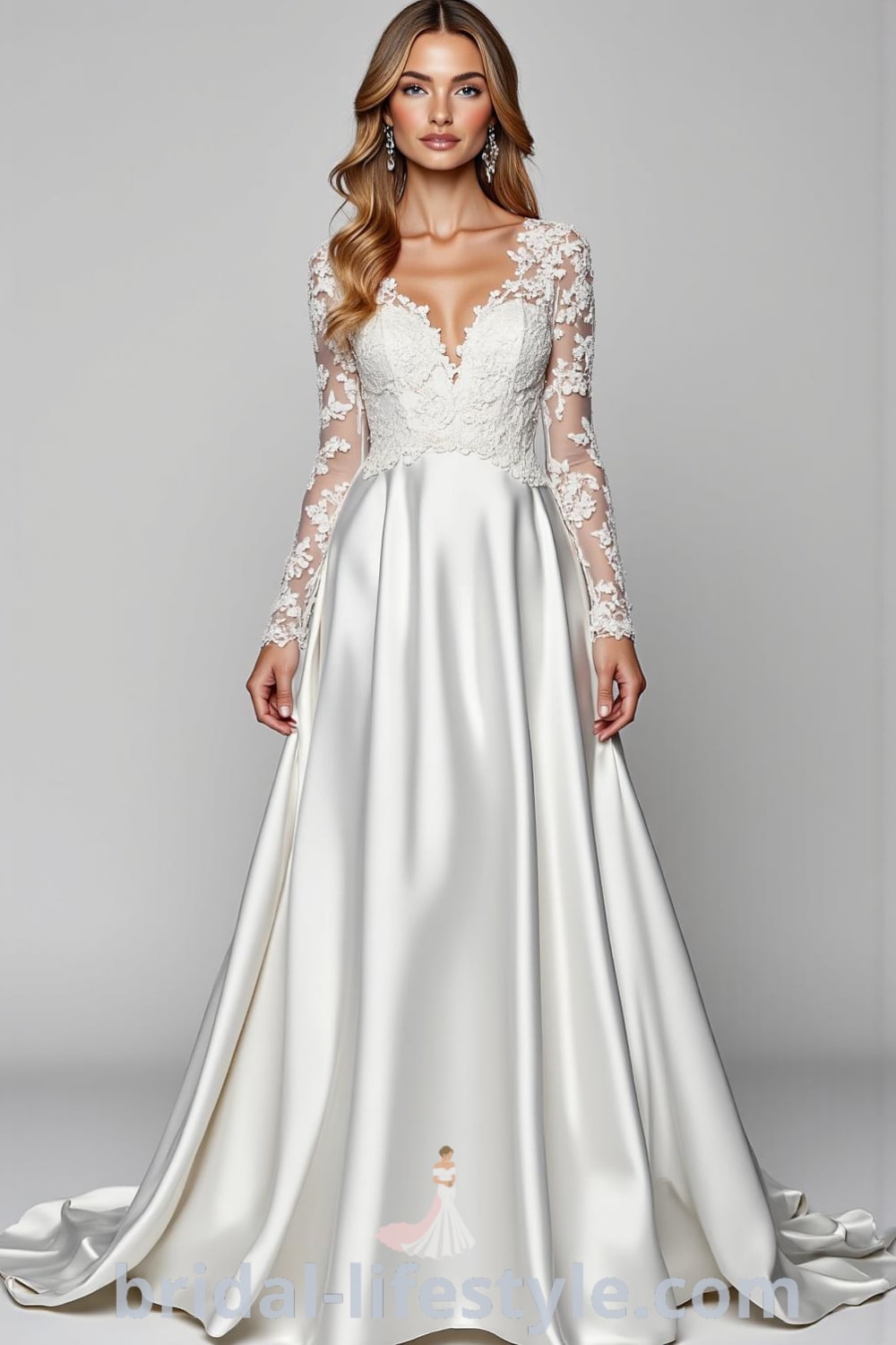 A-line wedding dress with luxurious satin long sleeves, delicate lace bodice, flowing skirt, and intricate floral appliqués. bridal-lifestyle.com