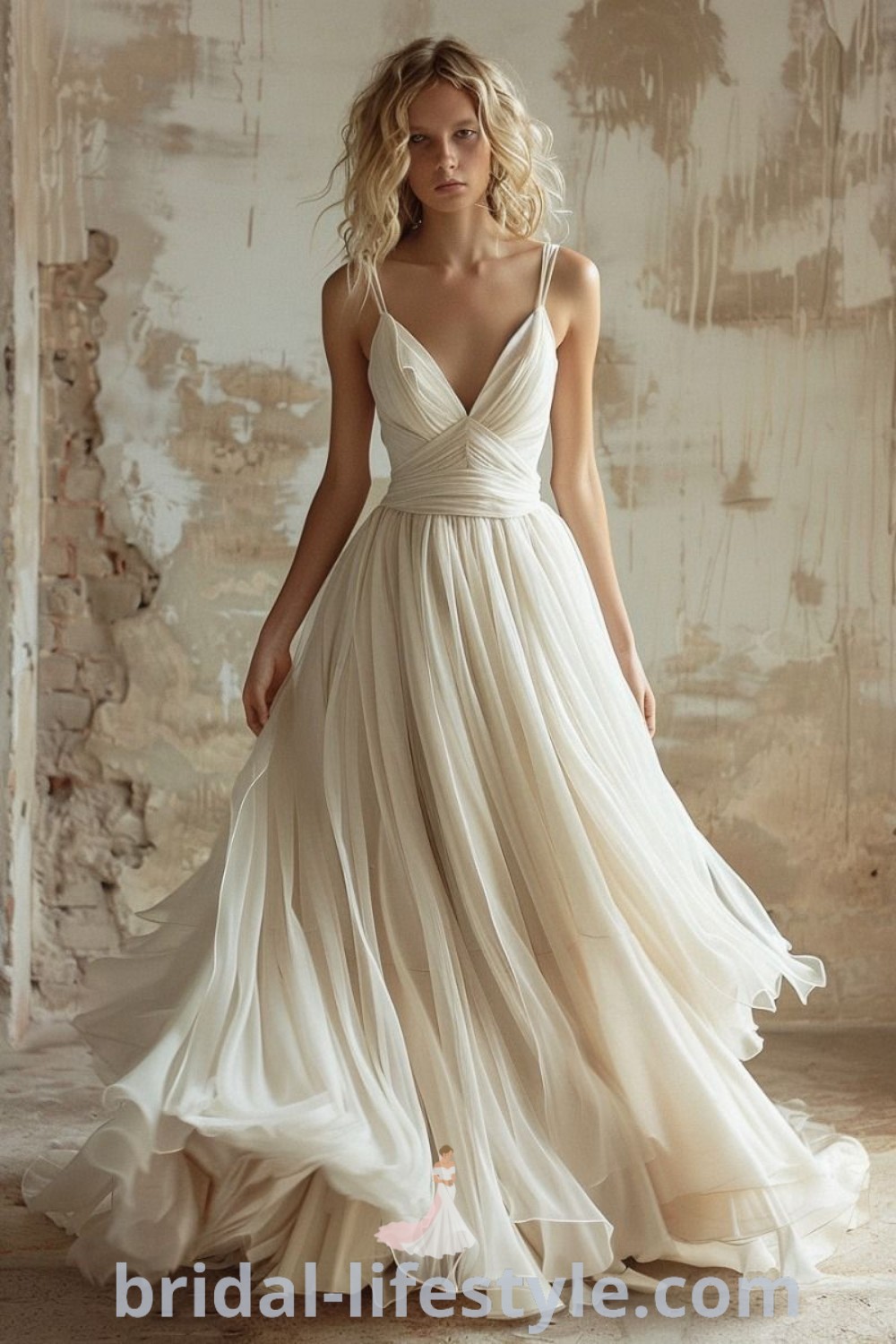 A woman in a white Greek inspired dress poses for the camera, showcasing an elegant and dreamy wedding dress perfect for every bride