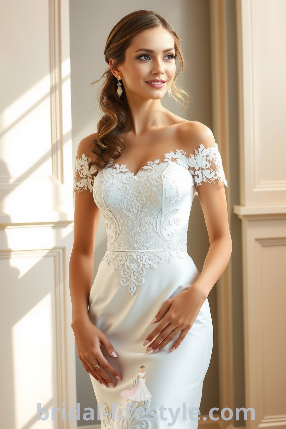 Elegant mermaid wedding dress featuring a fitted lace bodice with floral patterns, satin skirt that flares below the knees, and an off-the-shoulder neckline for dreamy brides. bridal-lifestyle.com