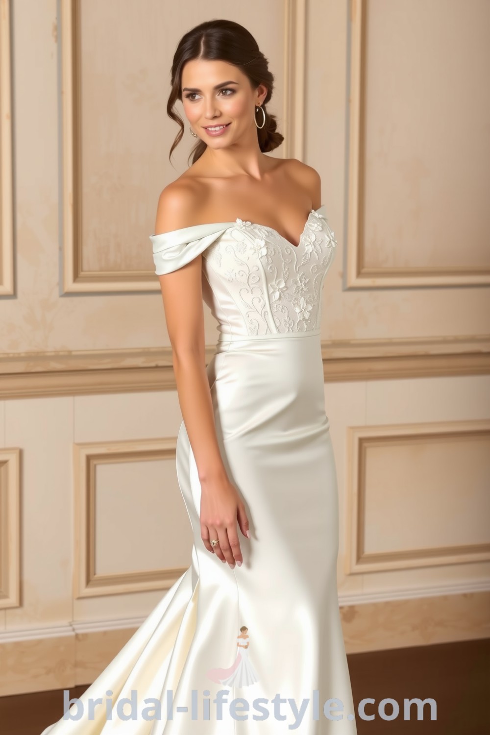 Stunning fit and flare wedding dress in luxurious satin with a daring side slit, adorned with lace appliqués and featuring an off-the-shoulder neckline. bridal-lifestyle.com