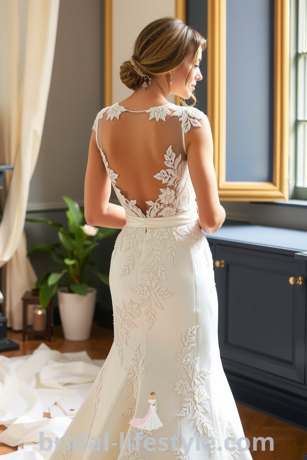 Fit and flare wedding dress with structured bodice and open back, featuring luxurious lace over satin and intricate floral lace detailing. bridal-lifestyle.com
