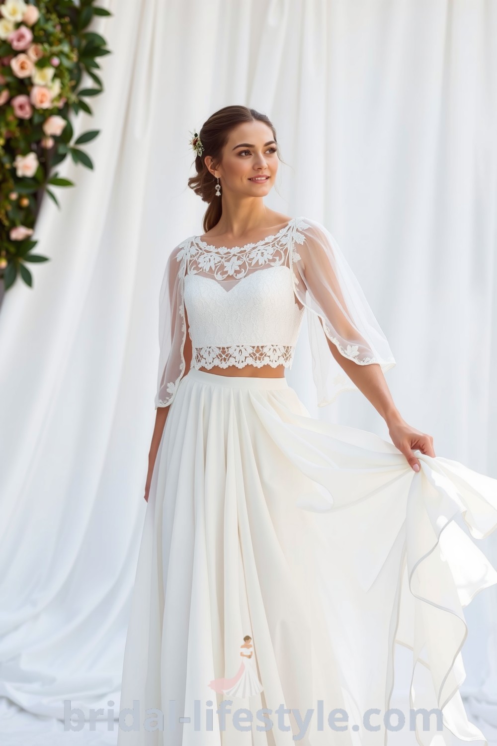 Boho wedding dress with a cropped lace top, billowy sleeves, and a high-waisted chiffon skirt, creating an elegant and dreamy silhouette for special day inspiration. bridal-lifestyle.com