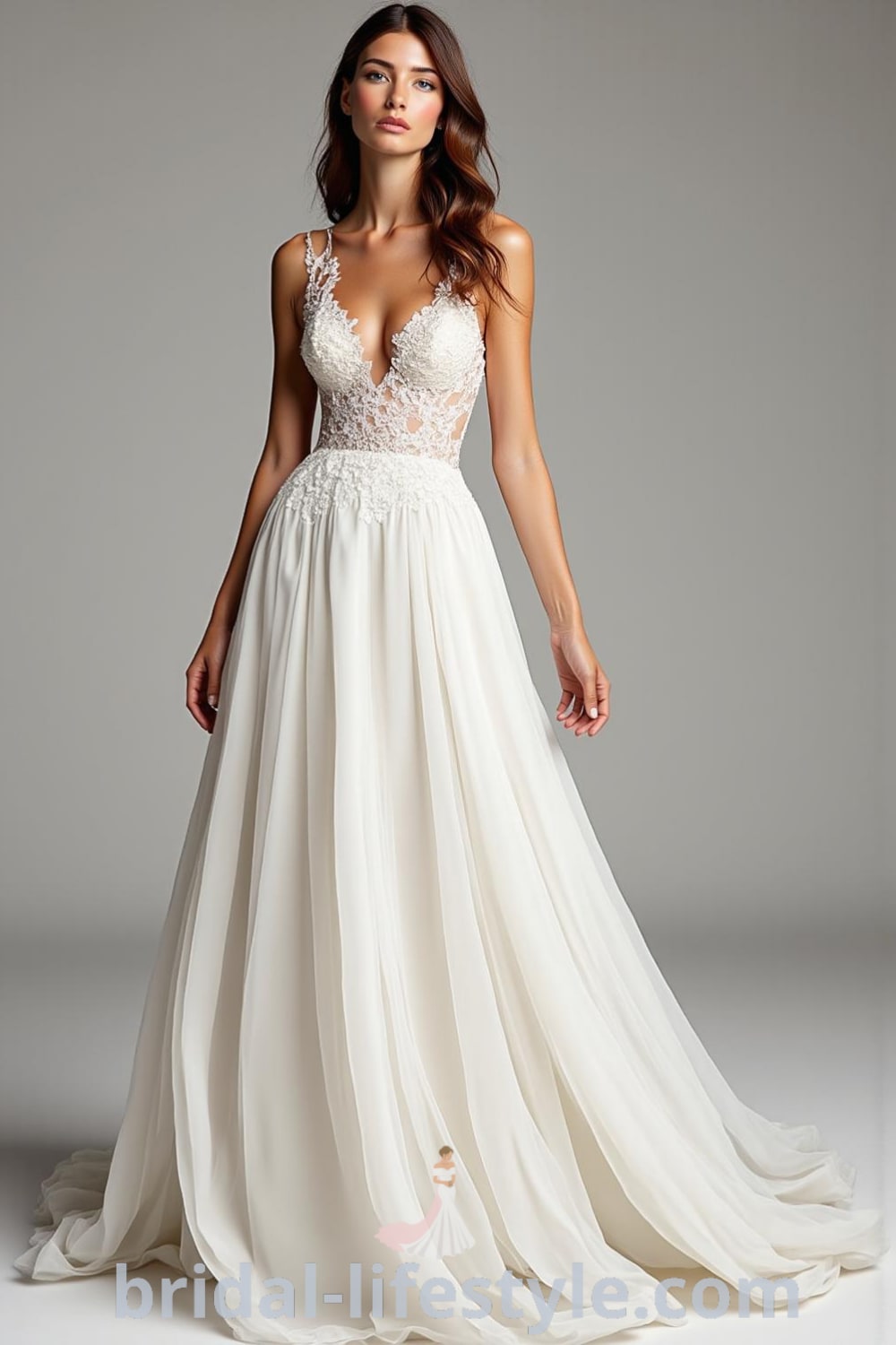 A-line wedding dress with intricate lace bodice, flowing tulle skirt, romantic V-neckline, and a sweeping train. bridal-lifestyle.com