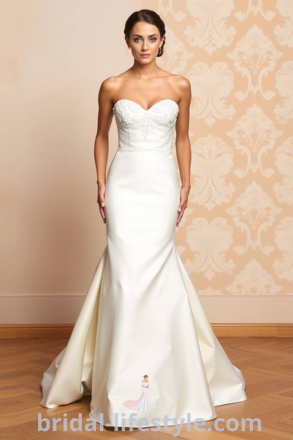 Fit and flare wedding dress made of luxurious satin with lace appliqués, featuring a sweetheart neckline and a flowing skirt. bridal-lifestyle.com