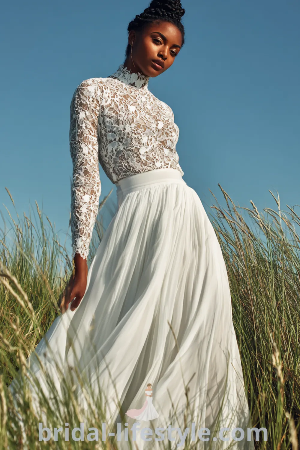 Bohemian floral wedding dress with flowing skirt, romantic boho wedding vibe, whimsical floral bridal look, outdoor wedding ceremony.