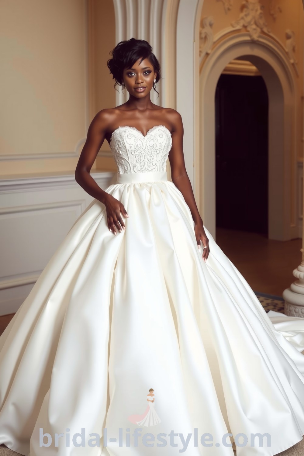 Elegant ballgown with layers of satin, featuring a sweetheart neckline adorned with lace appliqués, a voluminous skirt, and delicate beadwork for a romantic bridal look. bridal-lifestyle.com