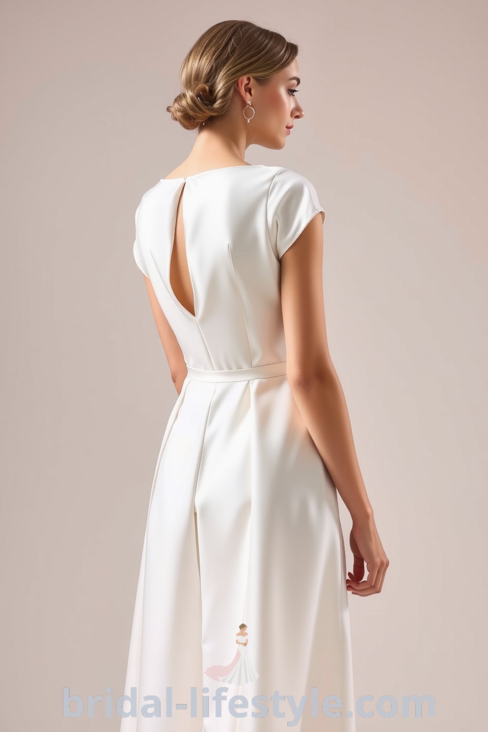 Elegant minimalist A-line wedding dress made of satin with cap sleeves, a boat neckline, and a keyhole back. bridal-lifestyle.com