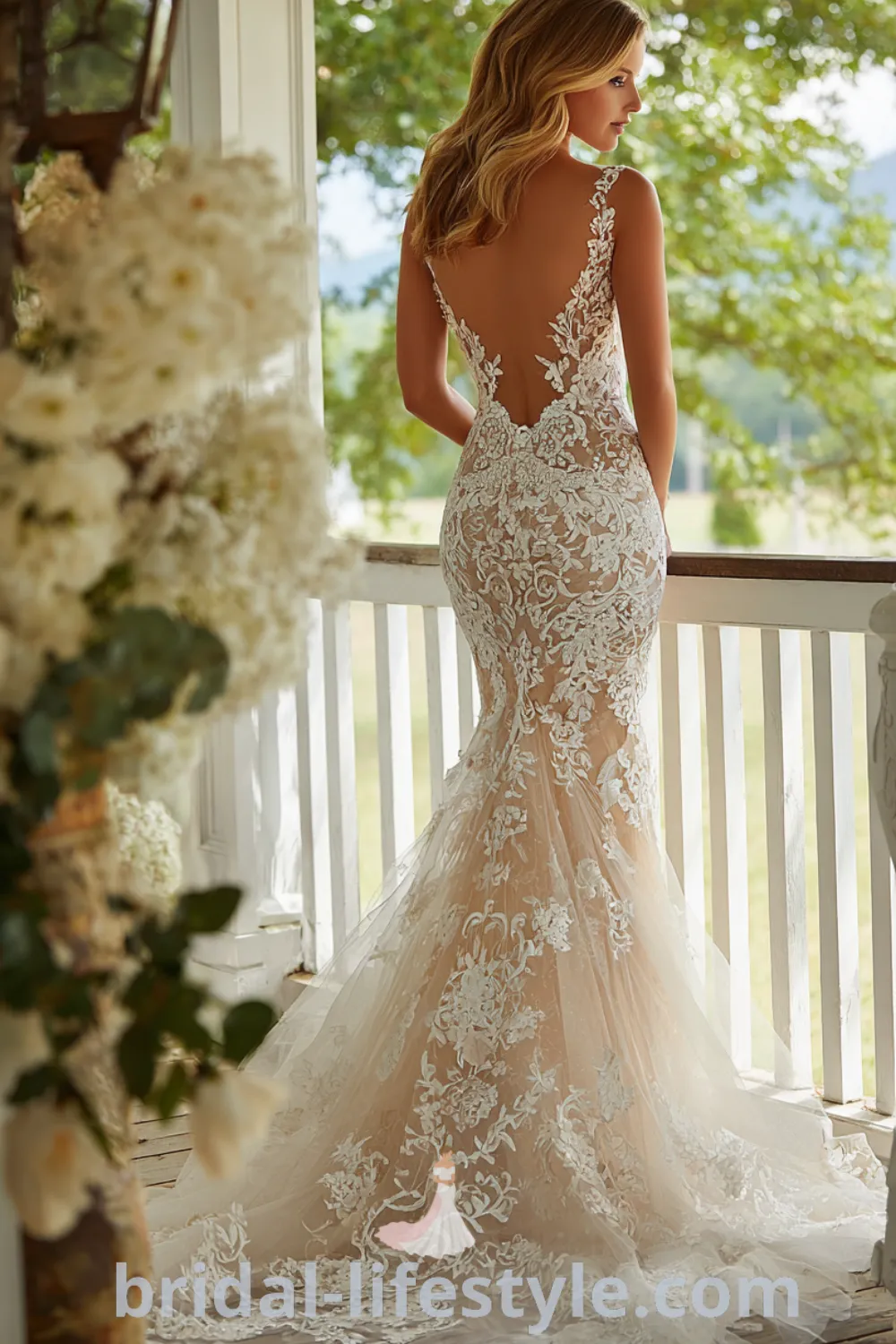 Mermaid lace bridal gown with intricate details, fitted silhouette, dramatic flare, glamorous lace look.