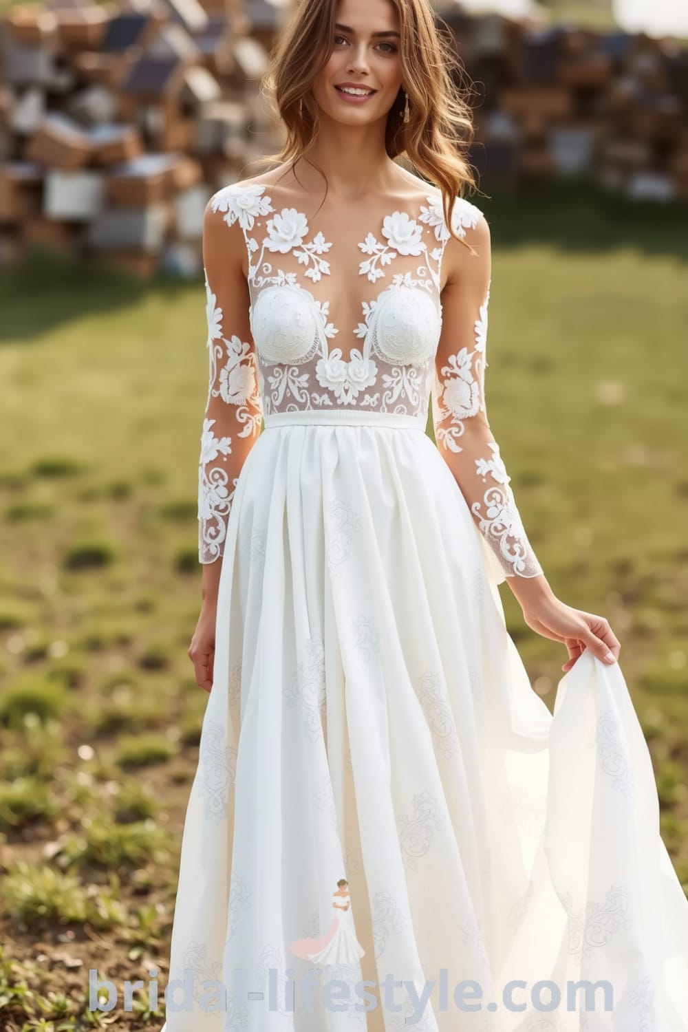 Bohemian wedding dress with a flowing lace design, A-line silhouette, and intricate floral appliqués on the bodice and sleeves, ideal for outdoor ceremonies. bridal-lifestyle.com