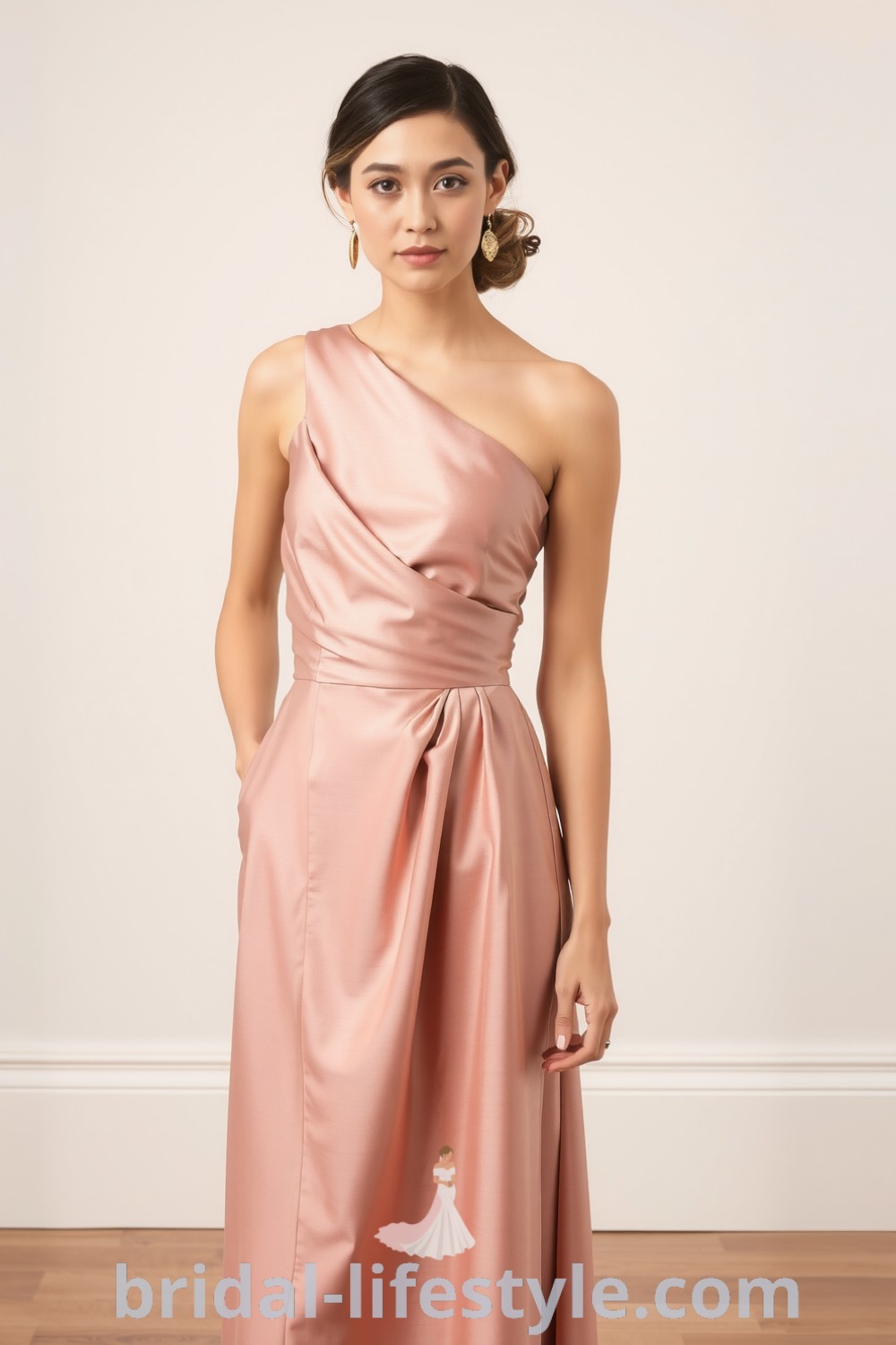 One-shoulder bridesmaids dress in rich satin with an asymmetrical neckline and delicate pleating, ideal for a chic wedding. bridal-lifestyle.com