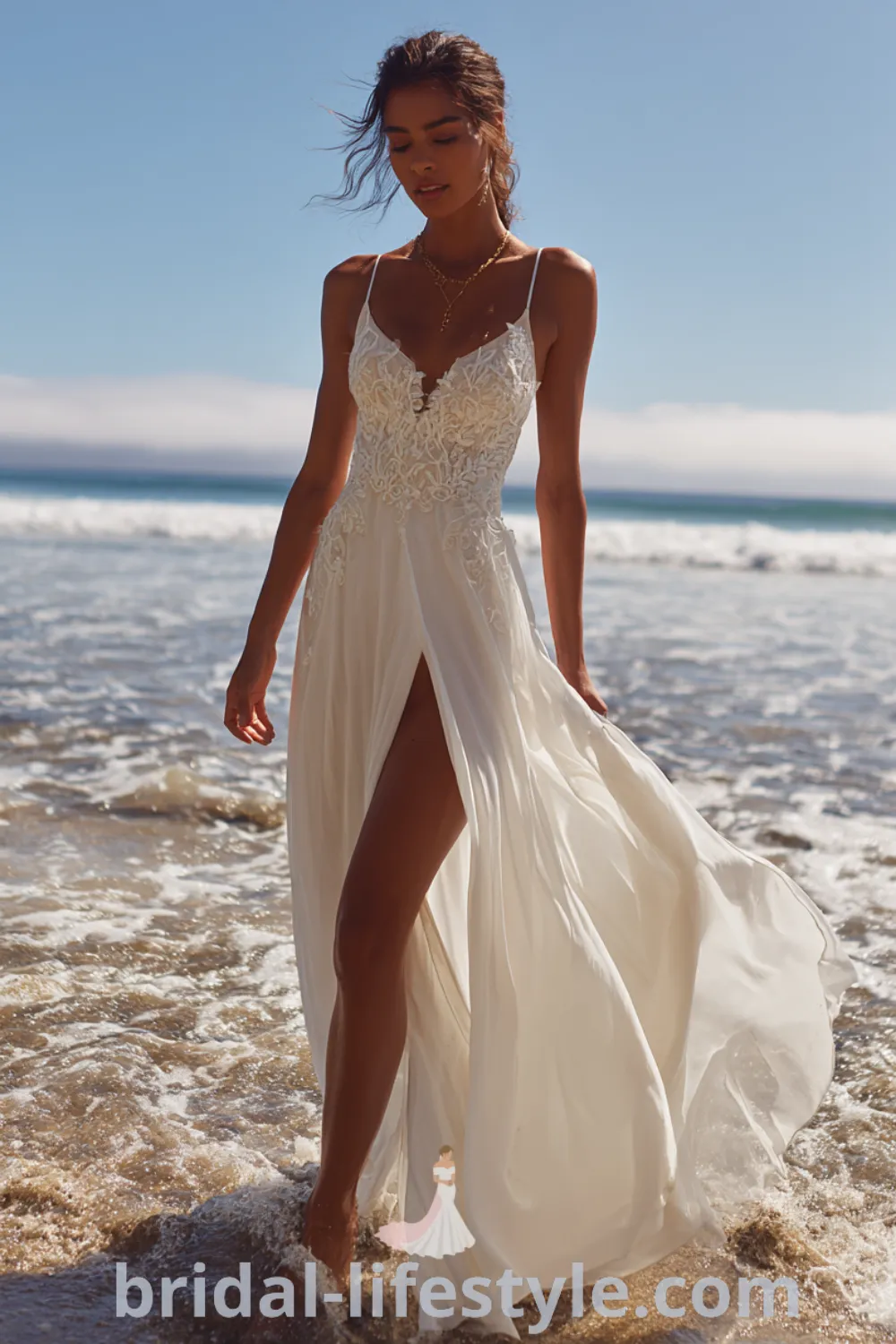 Boho beach wedding dress with flowy chiffon skirt, deep side slit, relaxed bridal look, spaghetti straps beach.