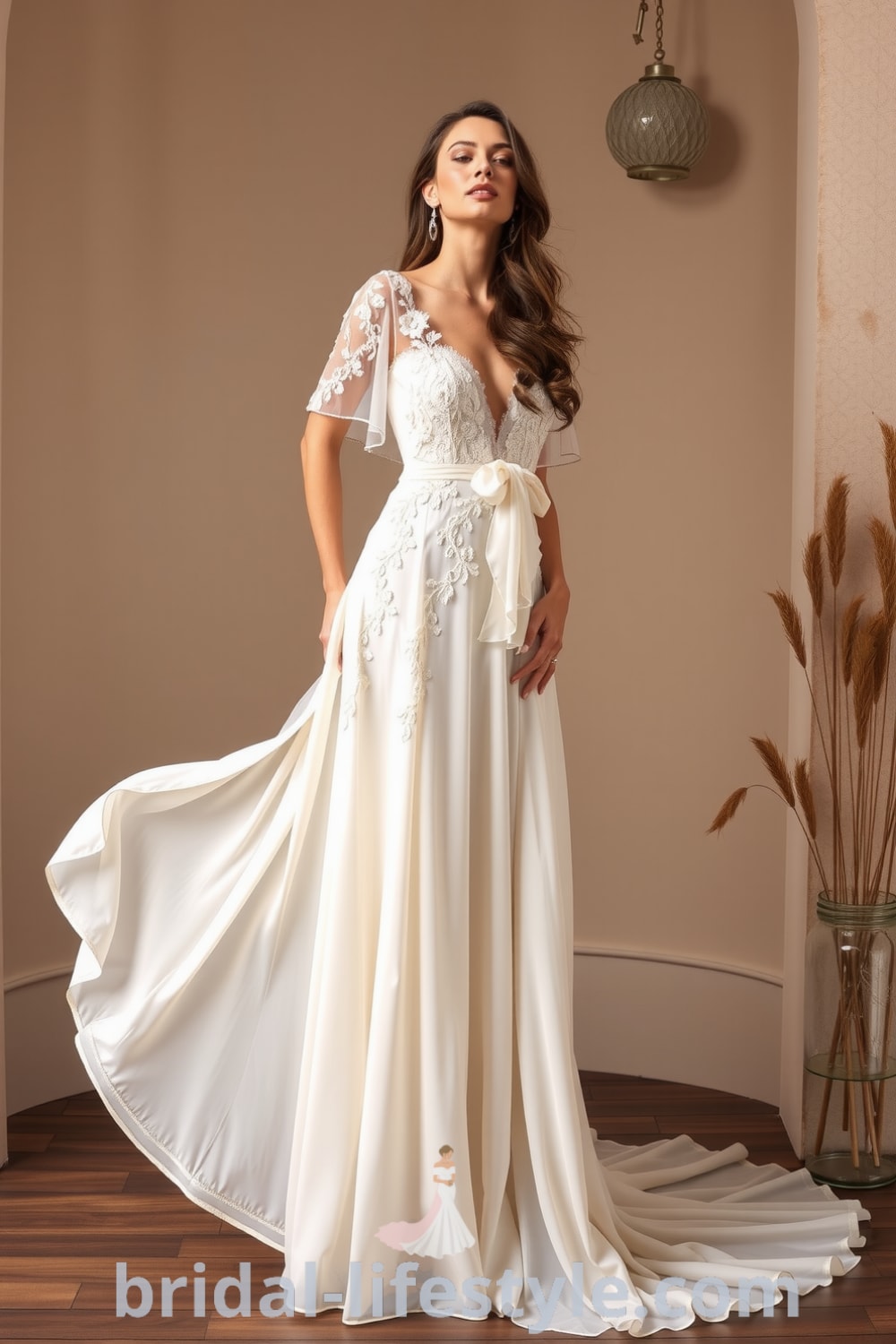 A stunning boho wedding dress featuring an A-line silhouette with lace and chiffon, intricate floral embroidery, delicate sleeves, a scoop neckline, and a whimsical train. bridal-lifestyle.com