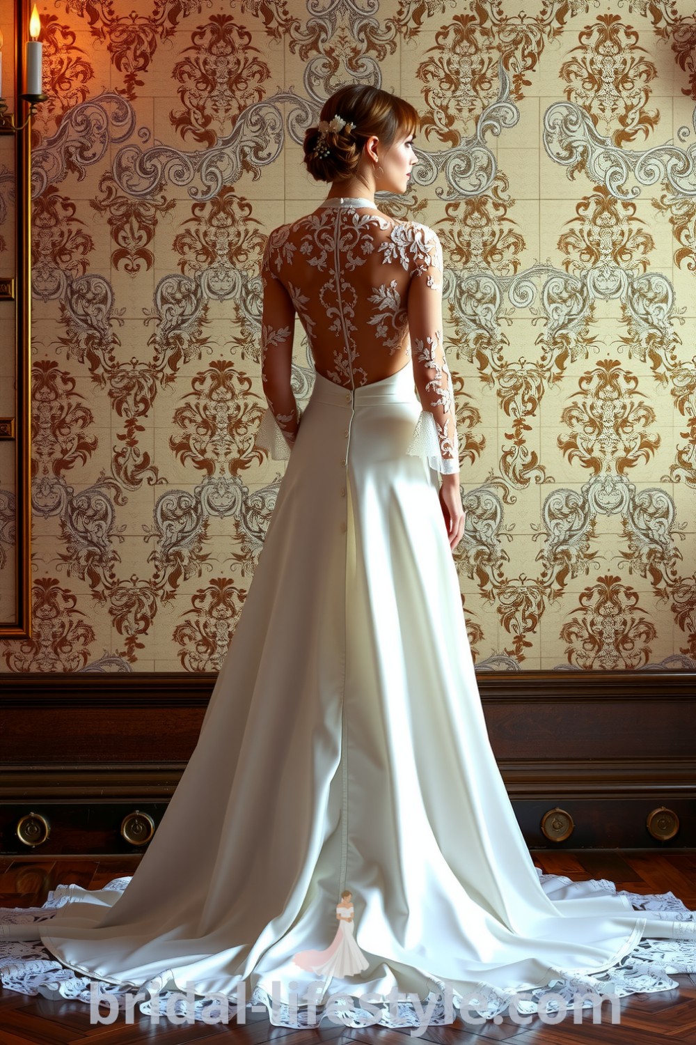 A beautiful vintage Victorian wedding dress with an A-line silhouette, lace and satin fabric, floral appliqués, and a high neckline. bridal-lifestyle.com