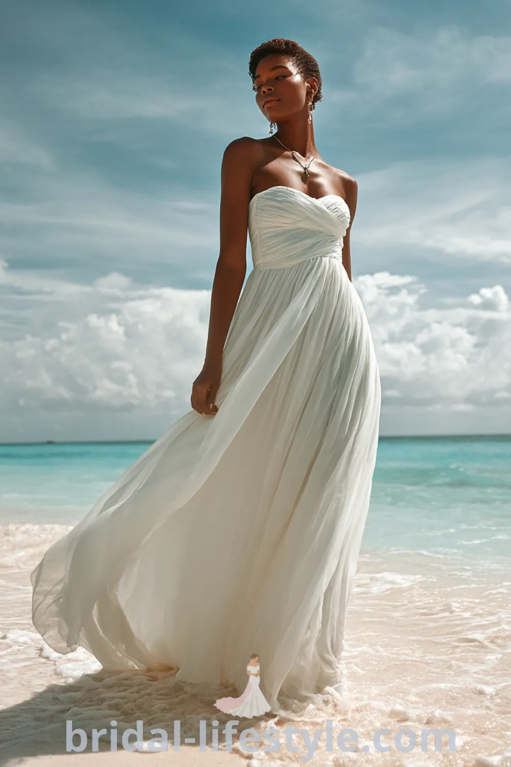 Elegant beach wedding dress with flowy chiffon skirt, relaxed bridal look, coastal boho wedding dress, effortless romance beach.