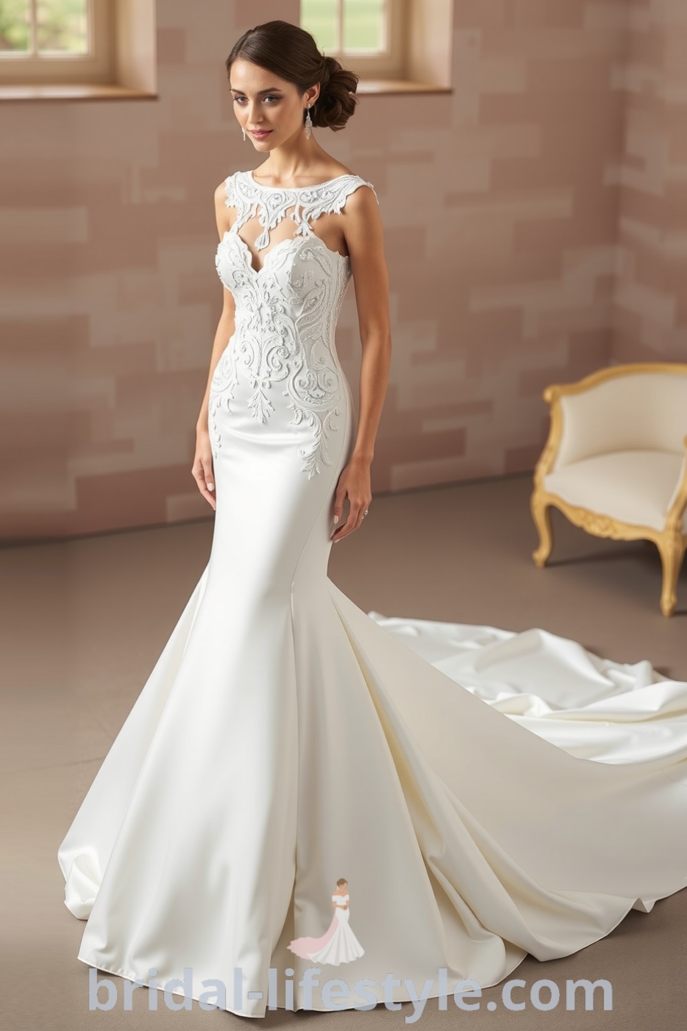 Elegant mermaid wedding dress with fitted lace bodice and sparkling beadwork, featuring a detachable satin skirt for a romantic transition from ceremony to reception. bridal-lifestyle.com
