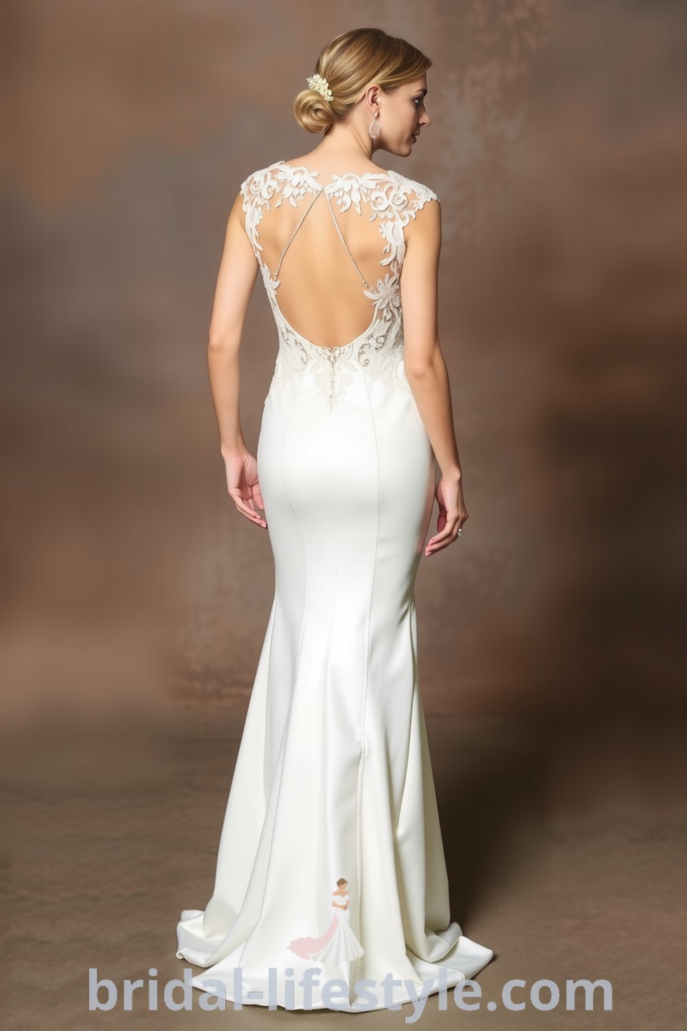 Fit and flare wedding dress made of luxurious satin with intricate lace overlay, open back, and flared skirt, featuring delicate appliqués. bridal-lifestyle.com