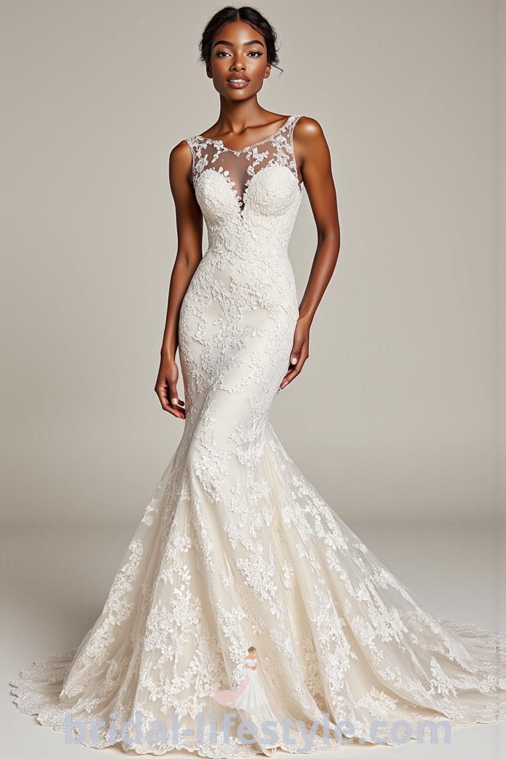 Mermaid wedding dress with intricate lace details, hugging silhouette, scalloped hem, dramatic train, and illusion neckline adorned with lace motifs. bridal-lifestyle.com