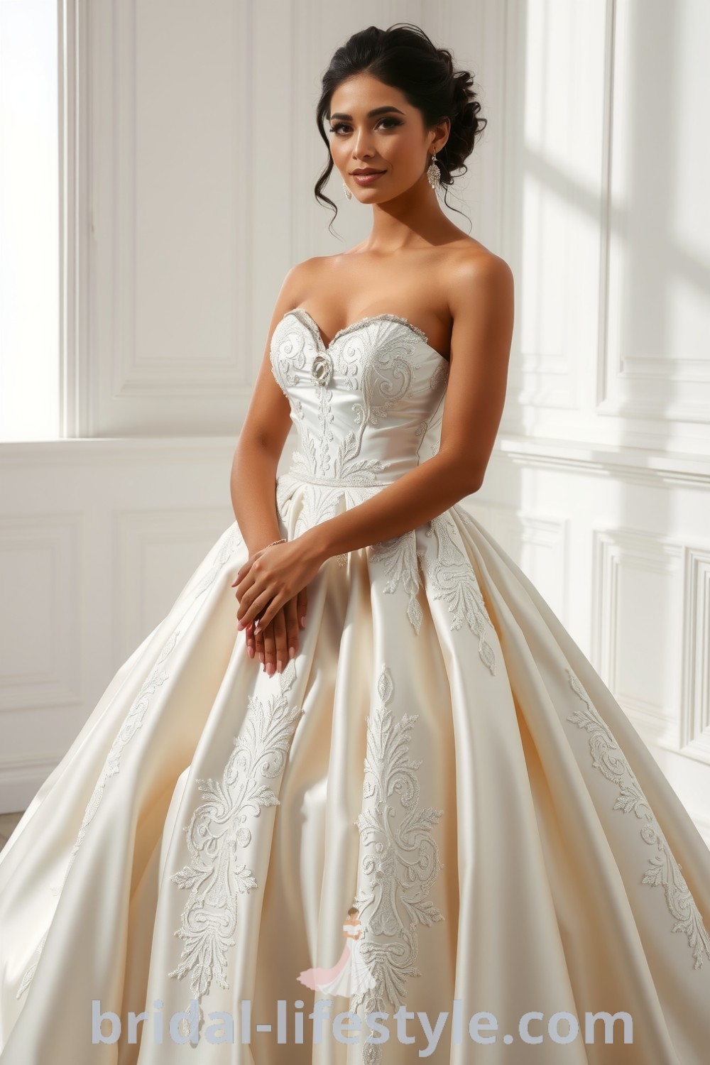 Elegant satin ballgown on a Latina bride with a voluminous skirt, intricate lace appliqués, fitted bodice, delicate beading, and a sweetheart neckline, perfect for dreamy brides. bridal-lifestyle.com
