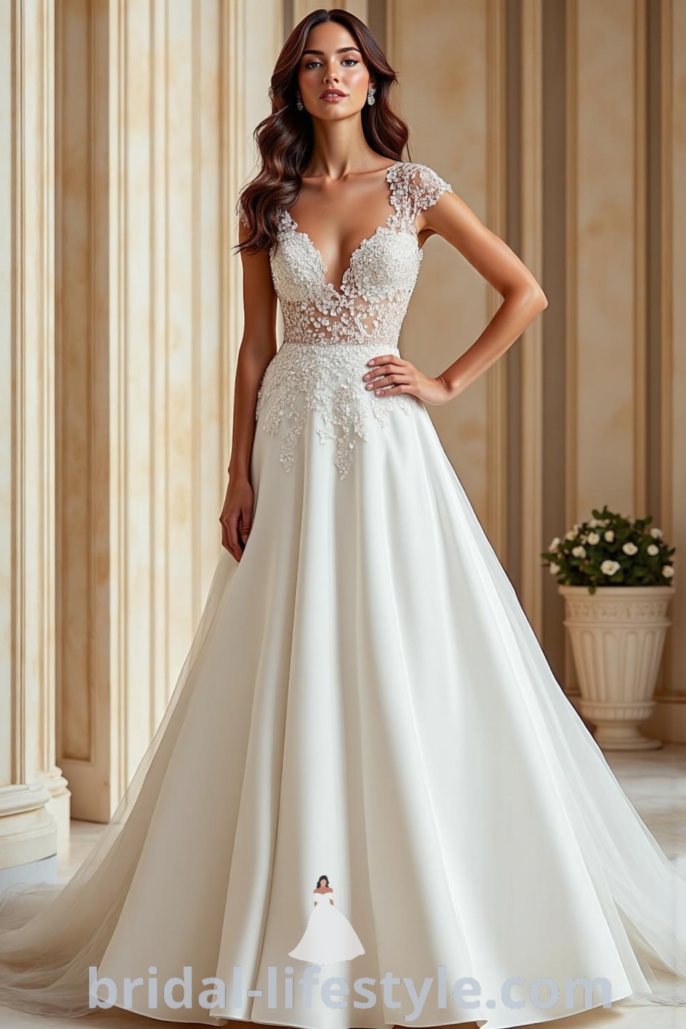 A dazzling Princess Glitter wedding dress with a tulle skirt over a silk satin base, intricate lace detailing, sparkling sequins on the bodice, and a flowing train. bridal-lifestyle.com