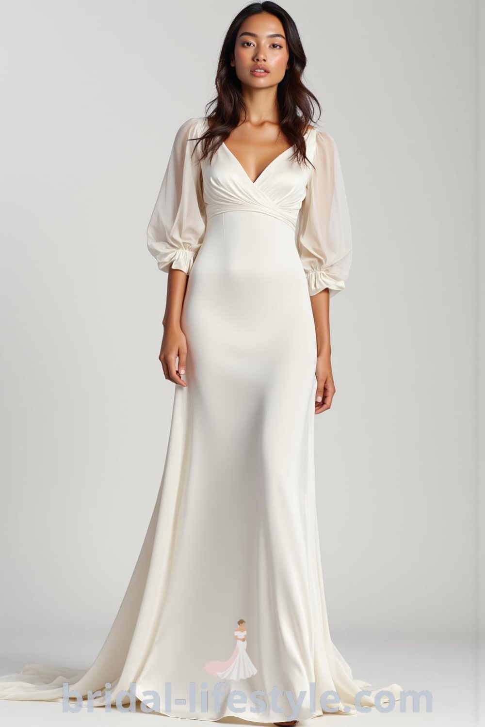 Minimalist long sleeve wedding dress in luxurious satin with a sleek silhouette, boat neckline, billowing sleeves, and subtle train. bridal-lifestyle.com