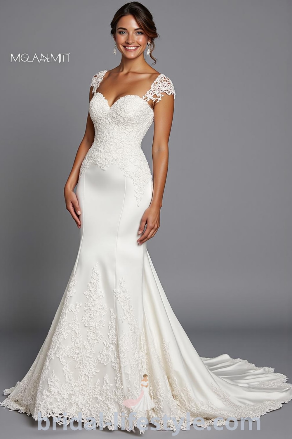 Mermaid wedding dress in luxurious satin with lace appliqués, accented sweetheart neckline, softly flared hem, and elegant train. bridal-lifestyle.com