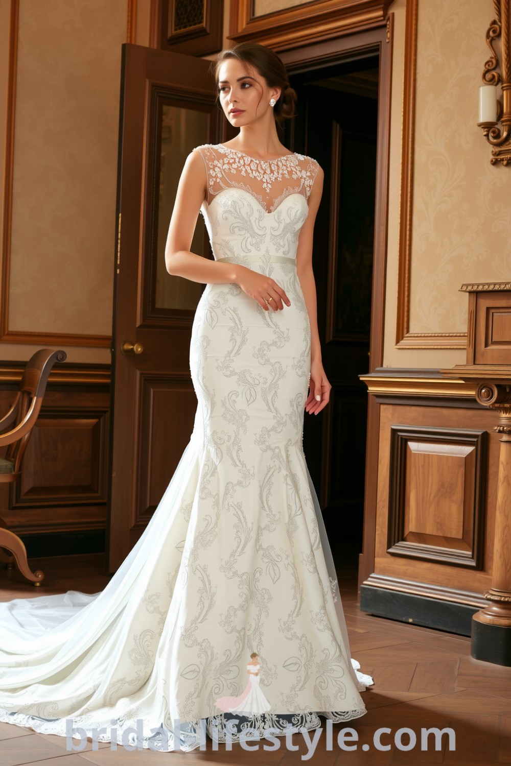 Fit and flare wedding dress featuring intricate beaded lace on the bodice and skirt, structured silhouette, and a graceful train. bridal-lifestyle.com