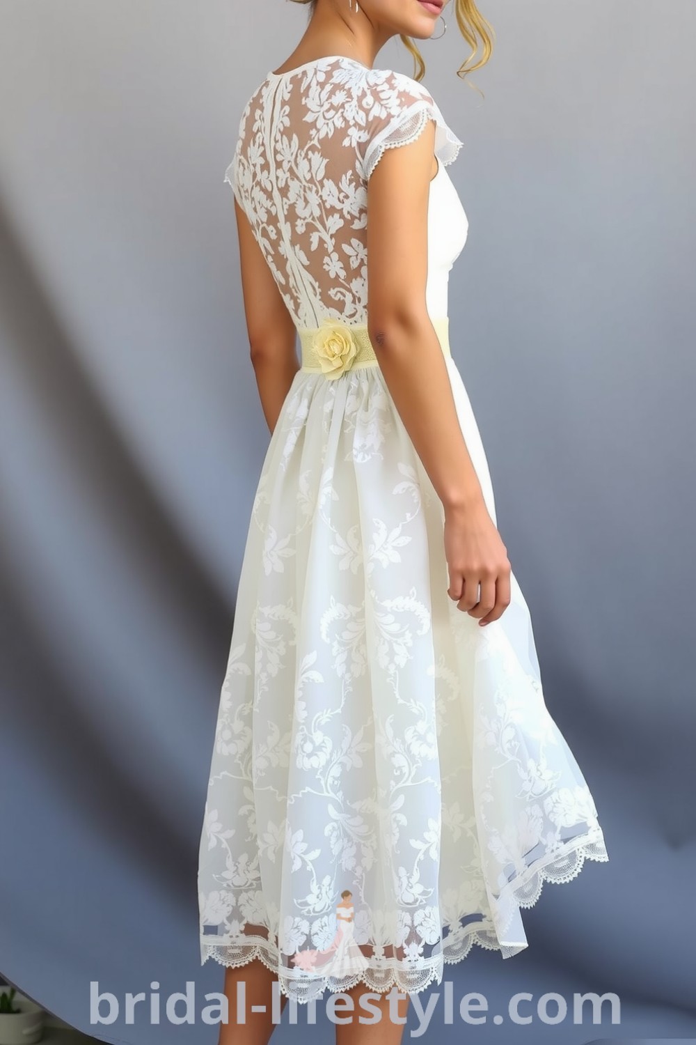Charming vintage short wedding dress on bridal-lifestyle.com featuring an A-line silhouette, floral lace patterns, and ideal for dreamy brides looking for aesthetic ideas for their special day.