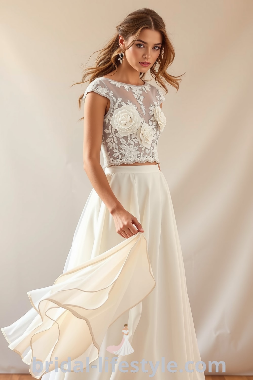 Boho two-piece wedding dress with a floral appliqué crop top and flowing chiffon A-line skirt, adorned with delicate lace and layers. bridal-lifestyle.com