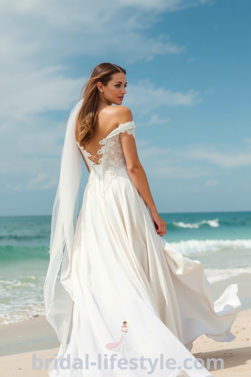 An elegant boho beach wedding dress with flowing chiffon, off-the-shoulder neckline, floral lace appliqués, and a subtle train, perfect for dreamy brides. bridal-lifestyle.com