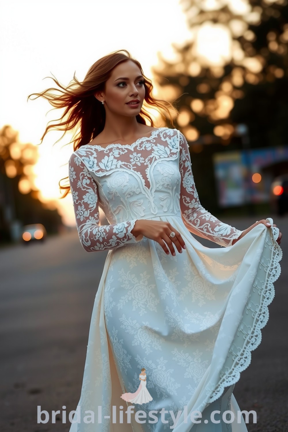 Bohemian long sleeve lace wedding dress with intricate floral embellishments, a soft satin underlayer, and delicate scalloped edges, allowing for graceful movement. bridal-lifestyle.com