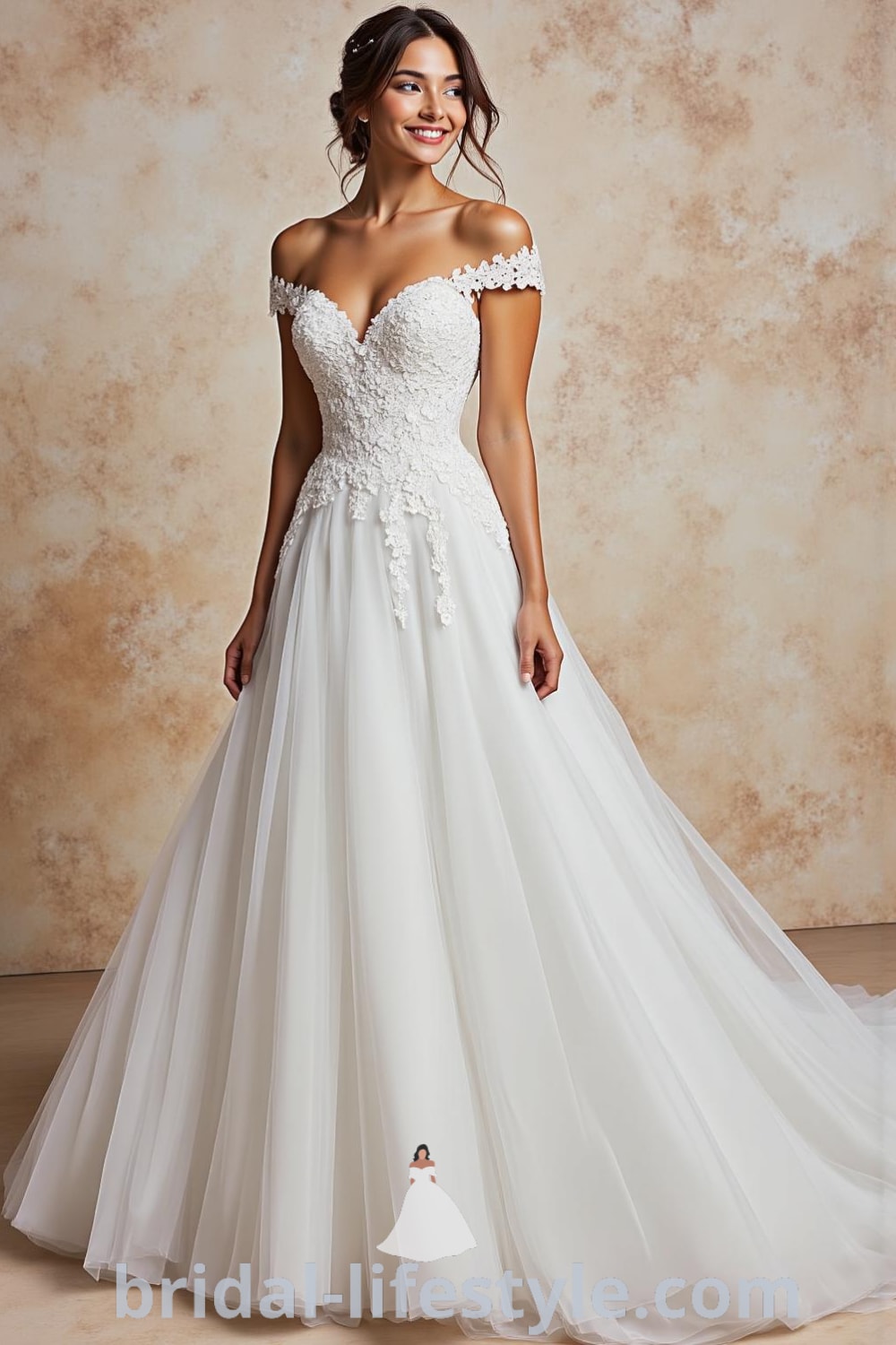 Gorgeous Princess Classy wedding dress crafted from satin with lace appliqués, featuring a grand layered tulle skirt and off-the-shoulder straps, designed for timeless brides. bridal-lifestyle.com