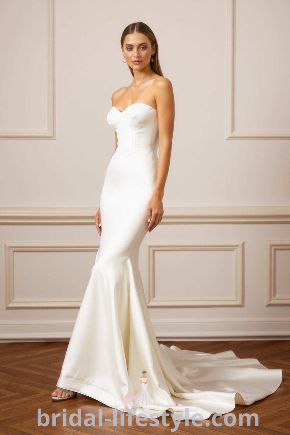 Elegant mermaid wedding dress made from luxurious satin with a sweetheart neckline and flowing train for a sophisticated look. bridal-lifestyle.com